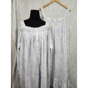 Eileen West SET Size Large Robe + Gown Blue White Cotton 2 Piece